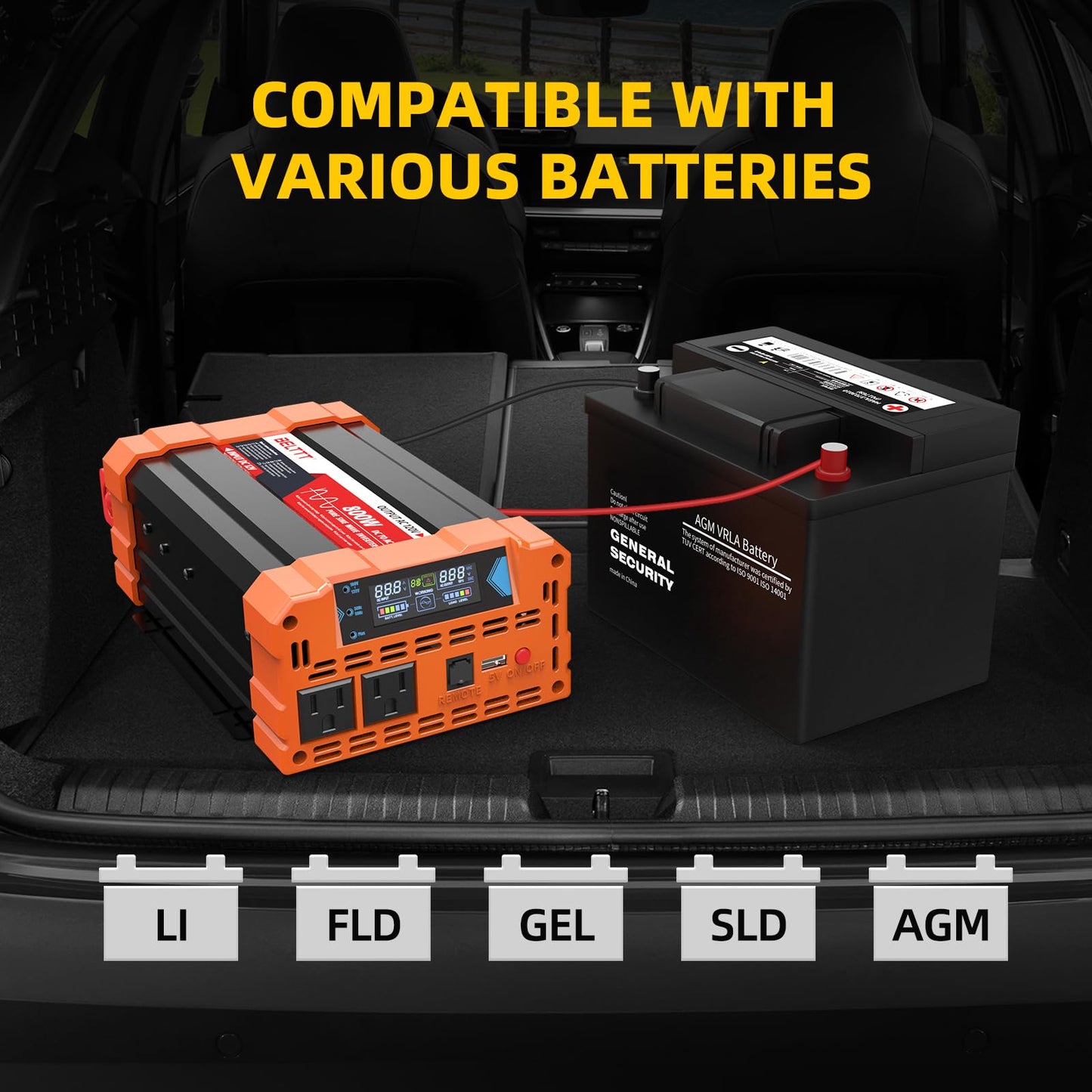 BELTTT 1000Watt Pure Sine Wave Inverter 12V DC to 120V AC for RV, Truck, Off-Grid Solar Car Power Inverter 12V to 110V Converter with Dual AC Socket and 5V 2.1A USB, Intelligent LCD, 2000W Peak