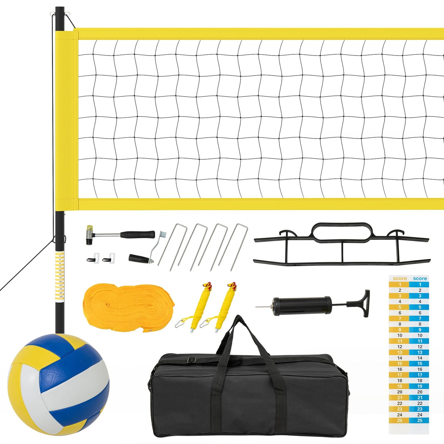 GYMAX Volleyball Net, Portable Volleyball Set with Adjustable Poles & Anti-Sag Design, Includes Beach Stakes, Scoreboard, Boundary Line and Carry Bag for Outdoor Backyard Beach Grass (Yellow)