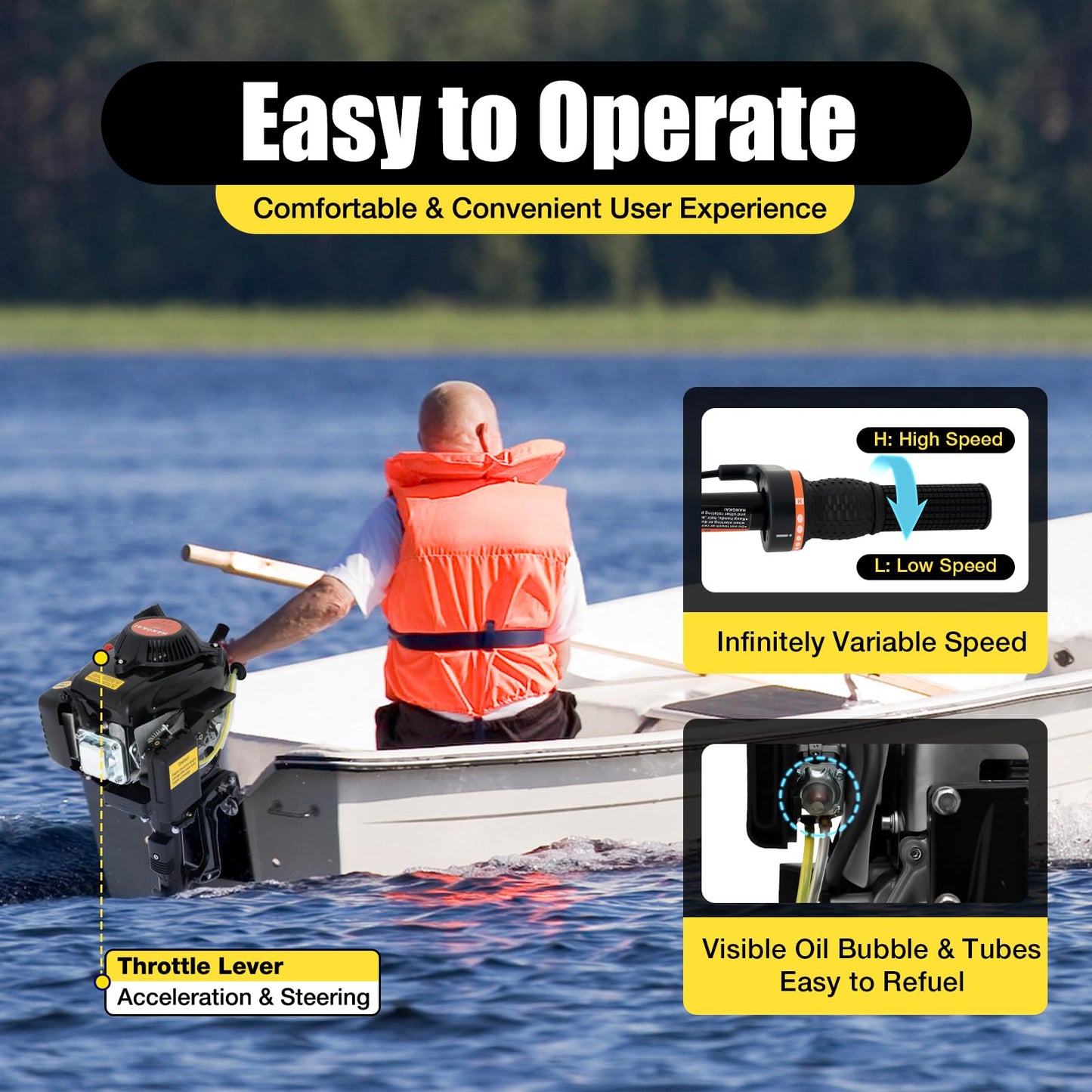 6HP Heavy Duty Outboard Motor, 170cc 4 Stroke Gas Outboard Boat Motor Engine with Air Cooling System, 3.2KW Single Cylinder Fishing Boat Engine for 3-7m Length