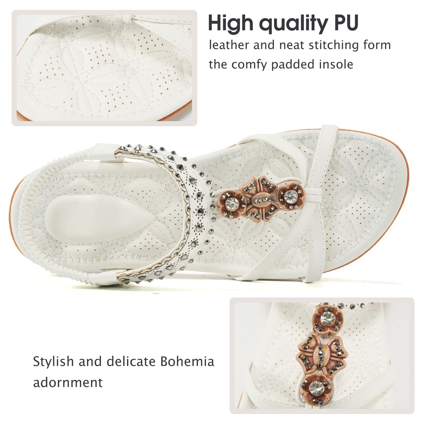 Alicegana Womens Sandals Shoes Comfort Walking with Non Slip on Casual Summer Beach Shoes Dress Ankle Elastic Jeweled Bohemian Flats