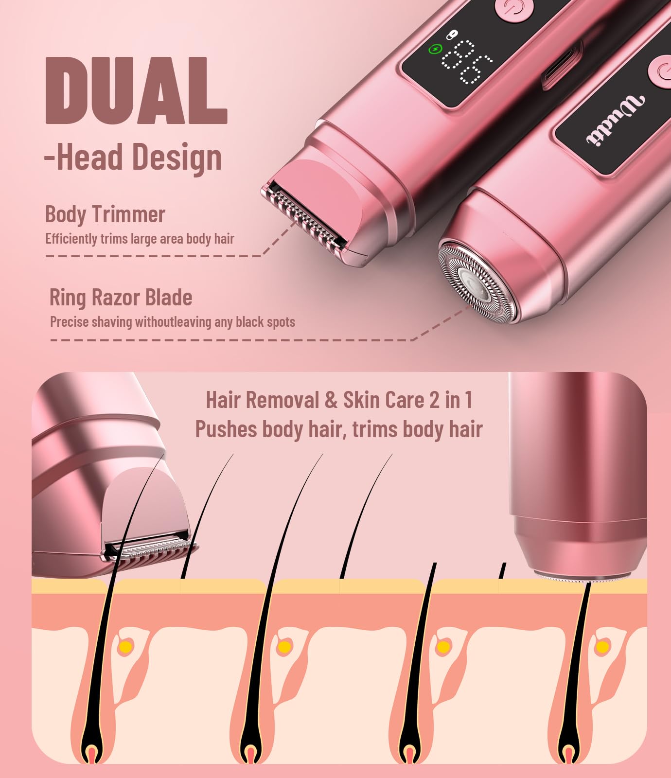 WUDTI Electric Bikini Trimmer for Women: Razor & Shaver with Dual Heads for Body Pubic Hair, IPX7 Waterproof with LED Display - Rechargeable Lady Trimmer for Underarm Body Leg Face