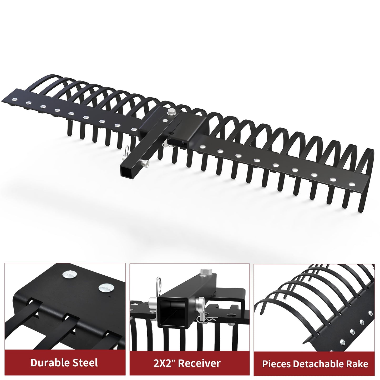 YITAMOTOR 4FT Tractors Rake 17 Pine Straw Rake Fits 2" Receiver for Lawn Tractors or ATV/UTV