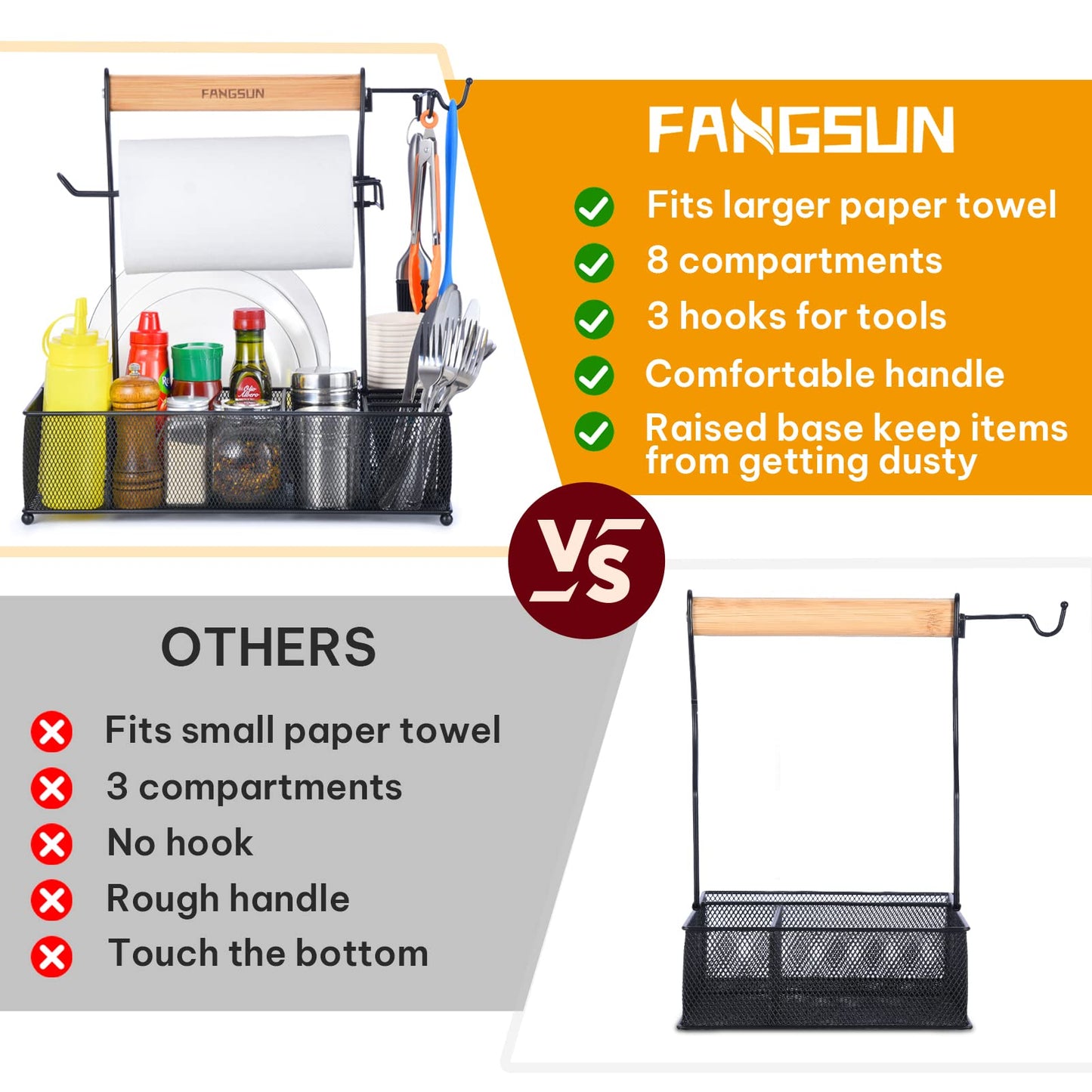 FANGSUN Grill Caddy, BBQ Caddy with Paper Towel Holder, Picnic Condiment Utensil Caddy for Outdoor Camping, Barbecue Accessories Storage Organizer for Griddle Grilling Tool, Rv Patio Camper Must