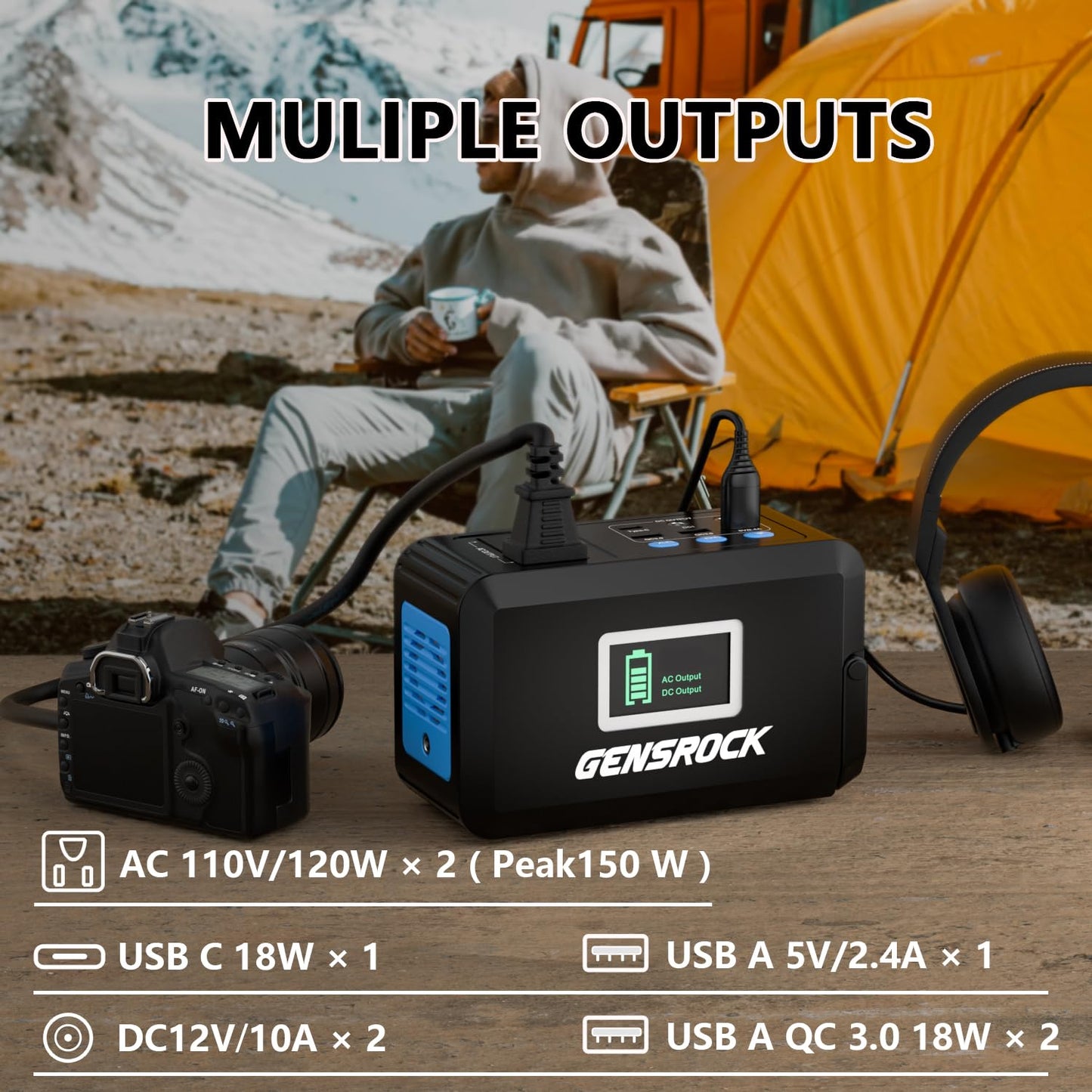 GENSROCK Portable Power Station, 110V/300W Pure Sine Wave Solar Generator, 222Wh Backup Lithium Battery With AC Outlet/QC 3.0/Type-C/LED Light for CPAP Family Emergency Outdoor Camping RV Travel.