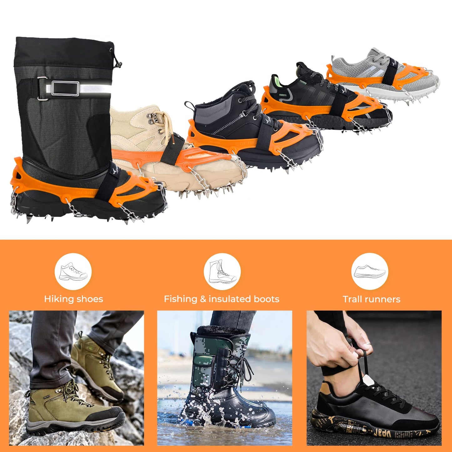 Sportneer Crampons, Traction Cleats Ice Snow Grips with 19 Stainless Steel Spikes, Ice Cleats Traction Snow Grips for Boots Shoes, Crampons Ice Cleats for Women Men Hiking Jogging Climbing And Fishing