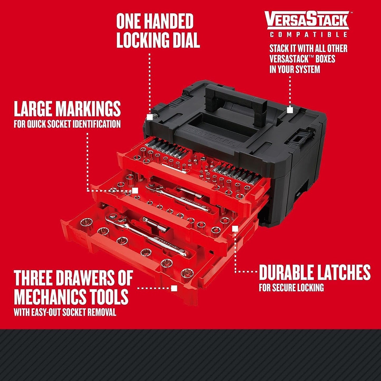Craftsman VERSASTACK Mechanics Tool Set, 1/4 in, 3/8 in, and 1/2 in Drive, 230 Piece (CMMT45306)