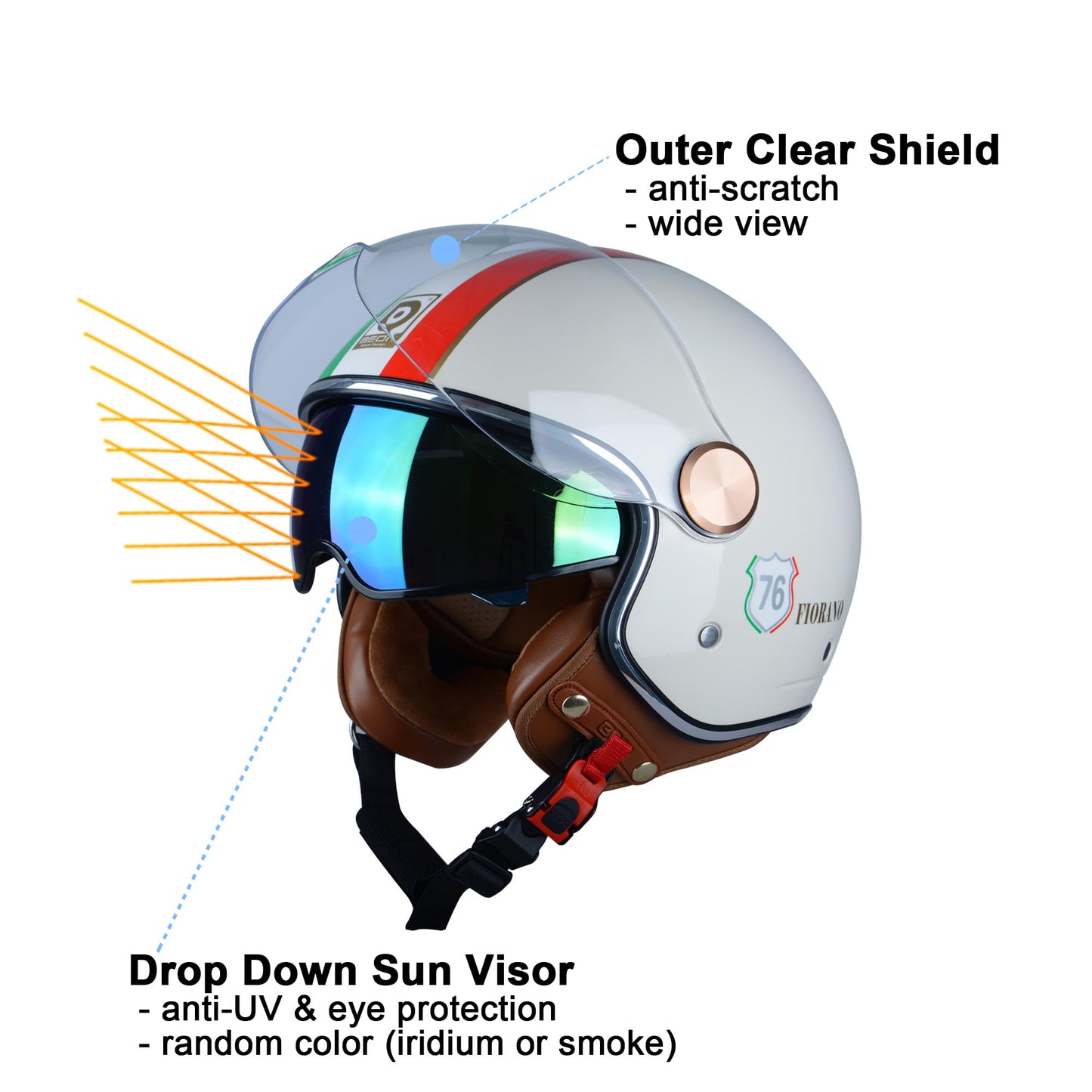 Open Face Motorcycle Helmet for Adults, DOT Approved,3/4 Retro Vespa Helmet, Dual Visors Men's and Women's Motorbike Casco for Moped Cruiser Bobber and Chopper