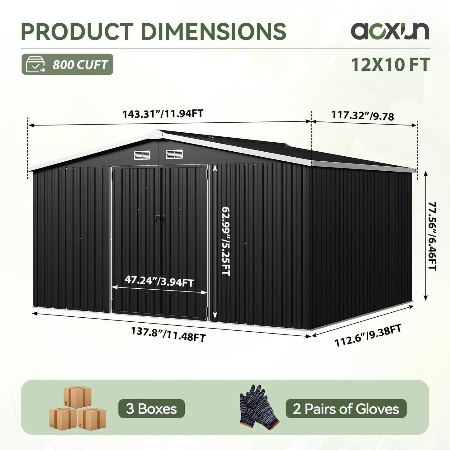 Aoxun 12x10 FT Shed Metal Outdoor Waterproof Storage Shed Steel Utility Garden Tool Shed with Door & Lock Outdoor Storage for Garden Patio Lawn Poolside, Brown
