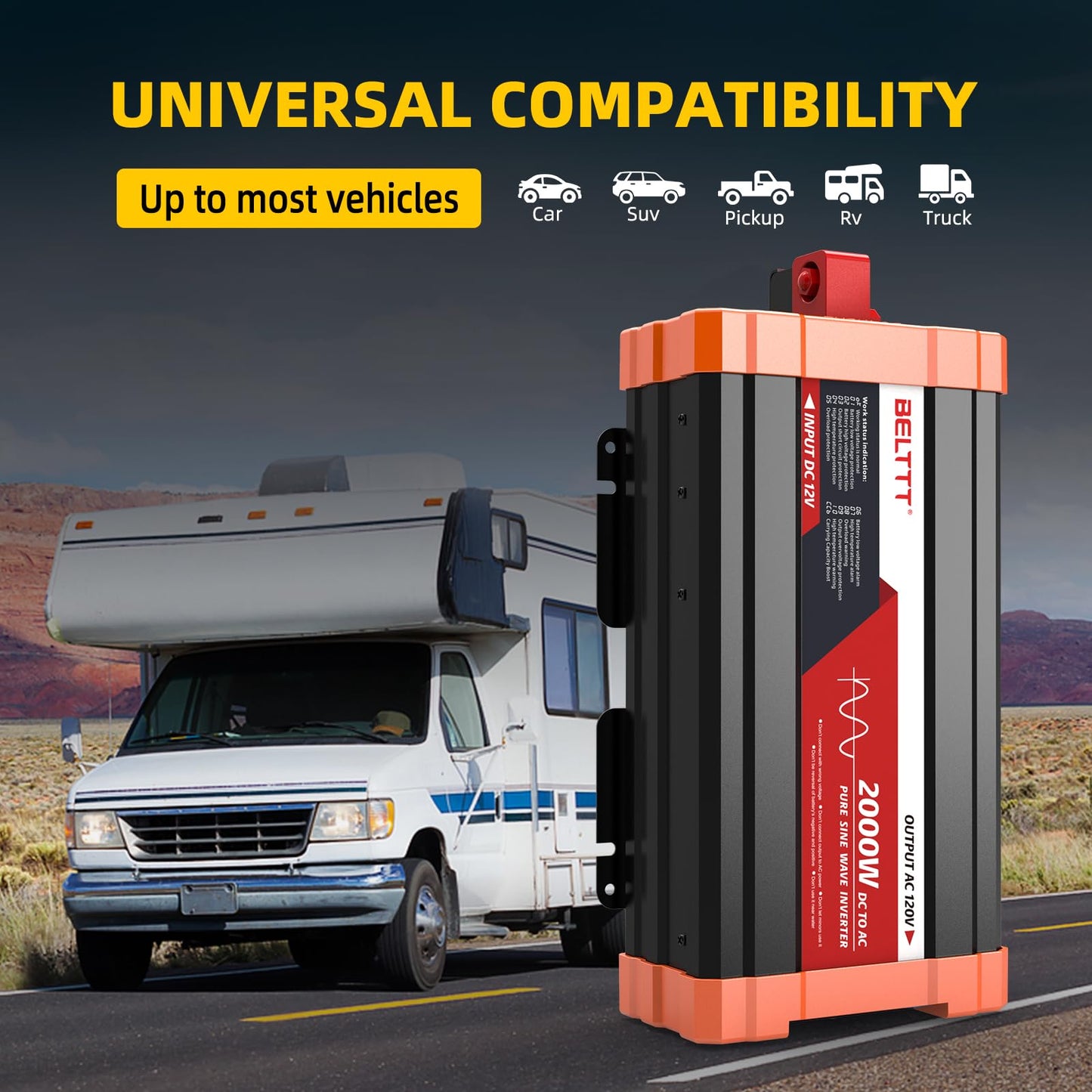 BELTTT 1000Watt Pure Sine Wave Inverter 12V DC to 120V AC for RV, Truck, Off-Grid Solar Car Power Inverter 12V to 110V Converter with Dual AC Socket and 5V 2.1A USB, Intelligent LCD, 2000W Peak