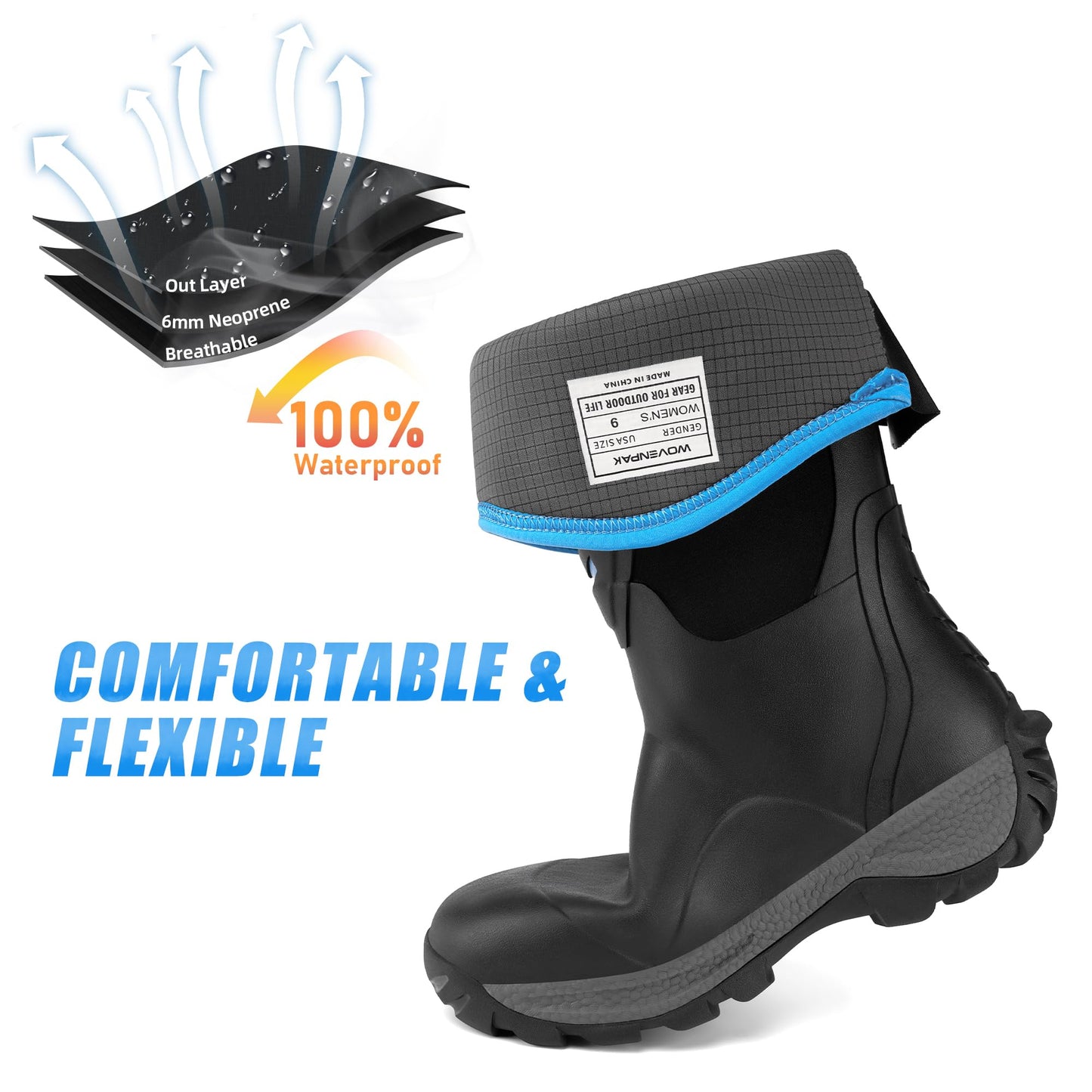Wovenpak Rain Boots Women, Rubber Boots for Women Insulated Hunting Boots with Steel Shank, Waterproof Boots for Women, Womens Work Boots 6mm Neoprene Rain Boots Outdoor, Size 6-11