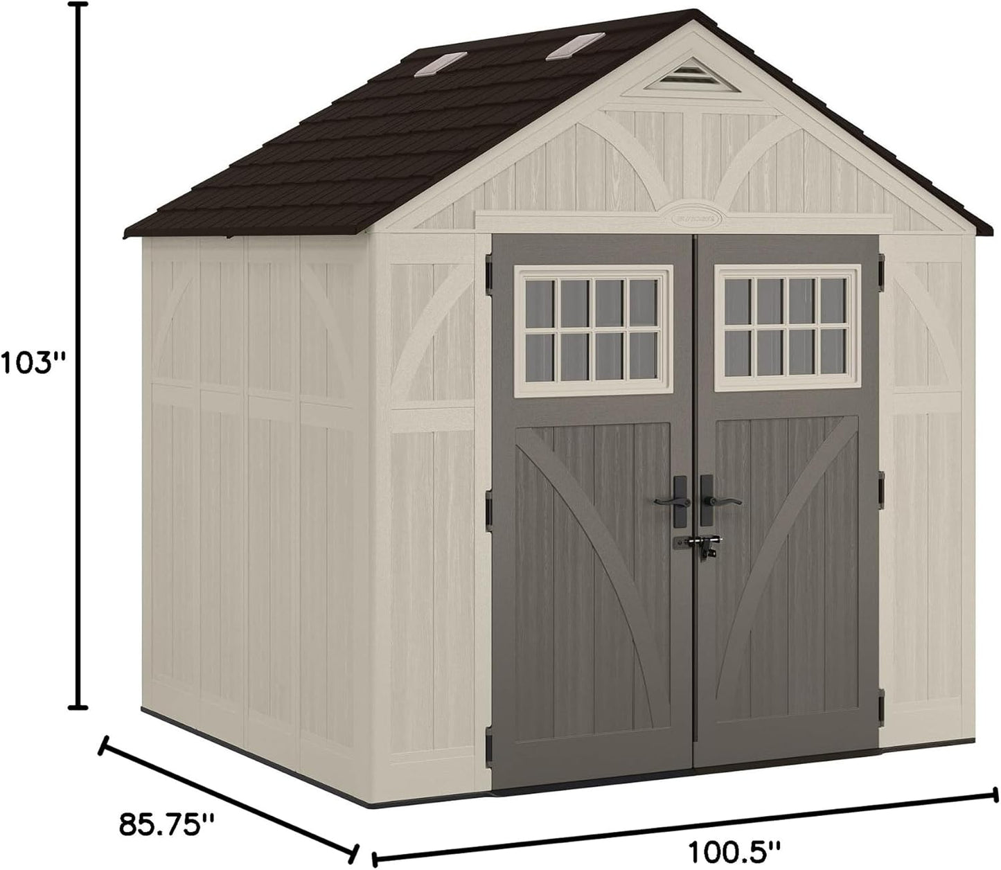 Suncast 8' x 7' Heavy-Duty Resin Tremont Storage Shed with Reinforced Floor, Skylights for Natural Light, Lockable Double Doors, Cream, Made in the USA
