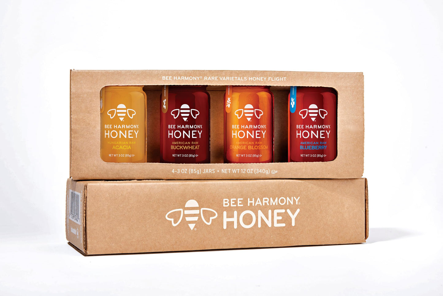 Bee Harmony Classic Honey Flight, Mini Honey Gift Set, 4 Jars, 3 OZ Each, Premium, Raw, Made in the USA