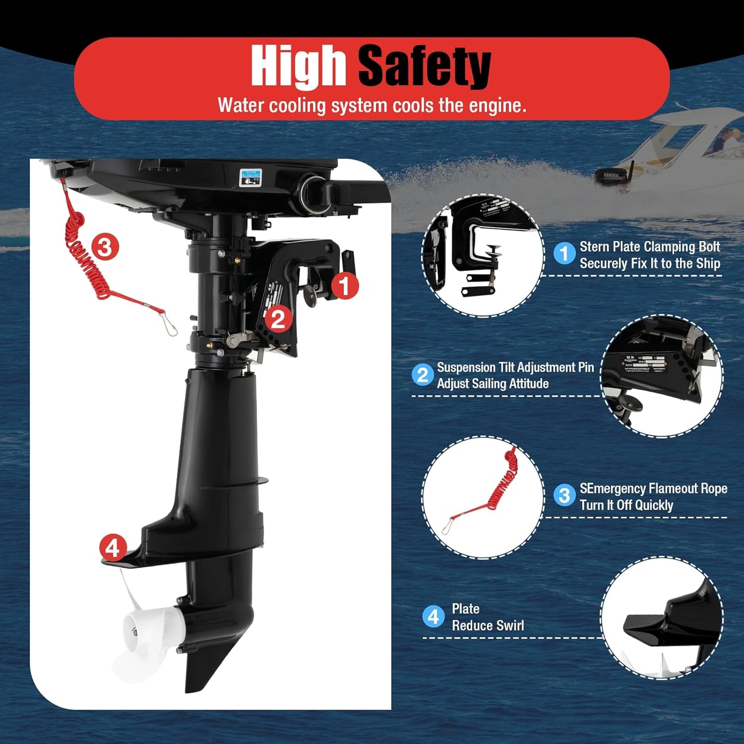 4-Stroke HANGKAI 6.5HP Outboard Motor Gas Powered, 123CC Fishing Boat Engine Outboard Motor Engine for Inflatable Boat Kayak Canoe Sailboat 5000-6000r/Min