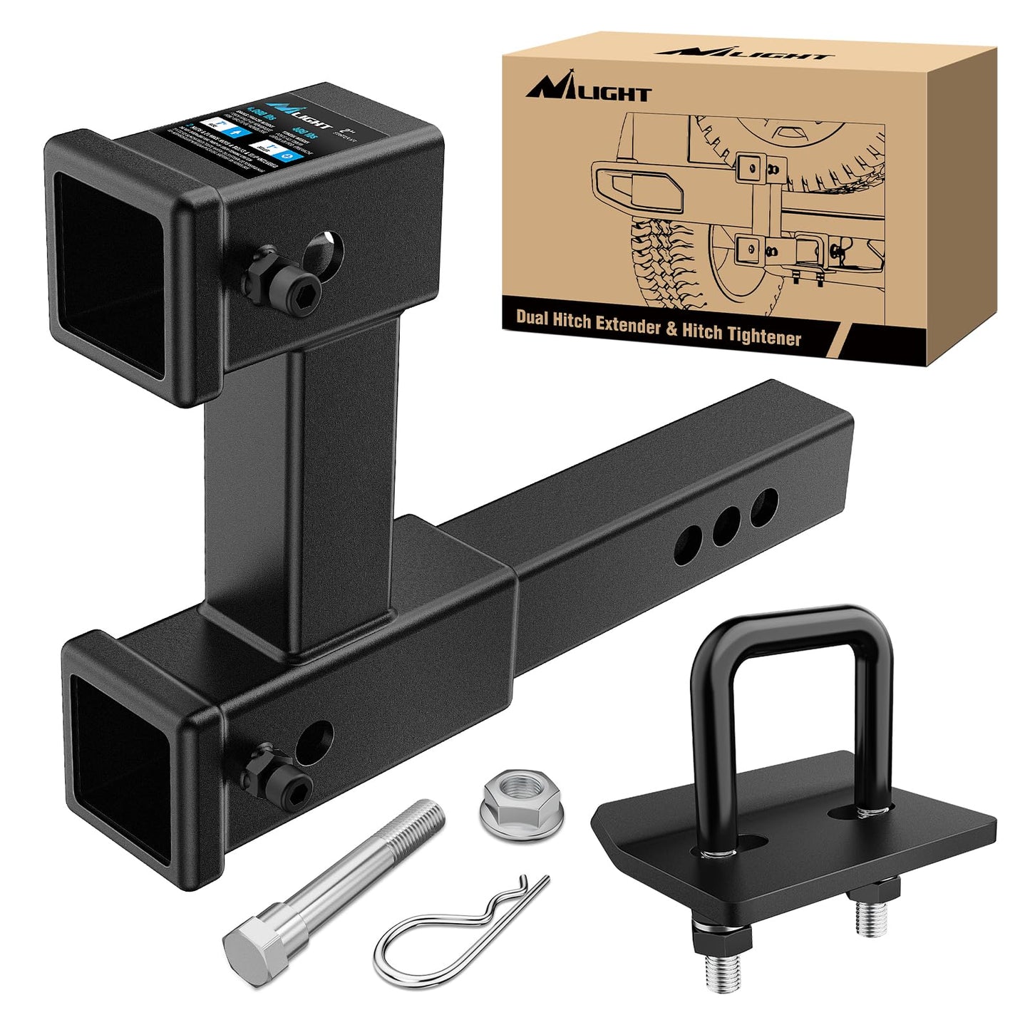 Nilight Trailer Hitch Receiver Extender Adapter Reducer 1-1/4 to 2Inch Hitch Adapter 6-1/2 inch Extension Sleeve Convertor 350Lbs with 1/2-Inch Diameter Pin and Clip with 5/8-Inch Adapter
