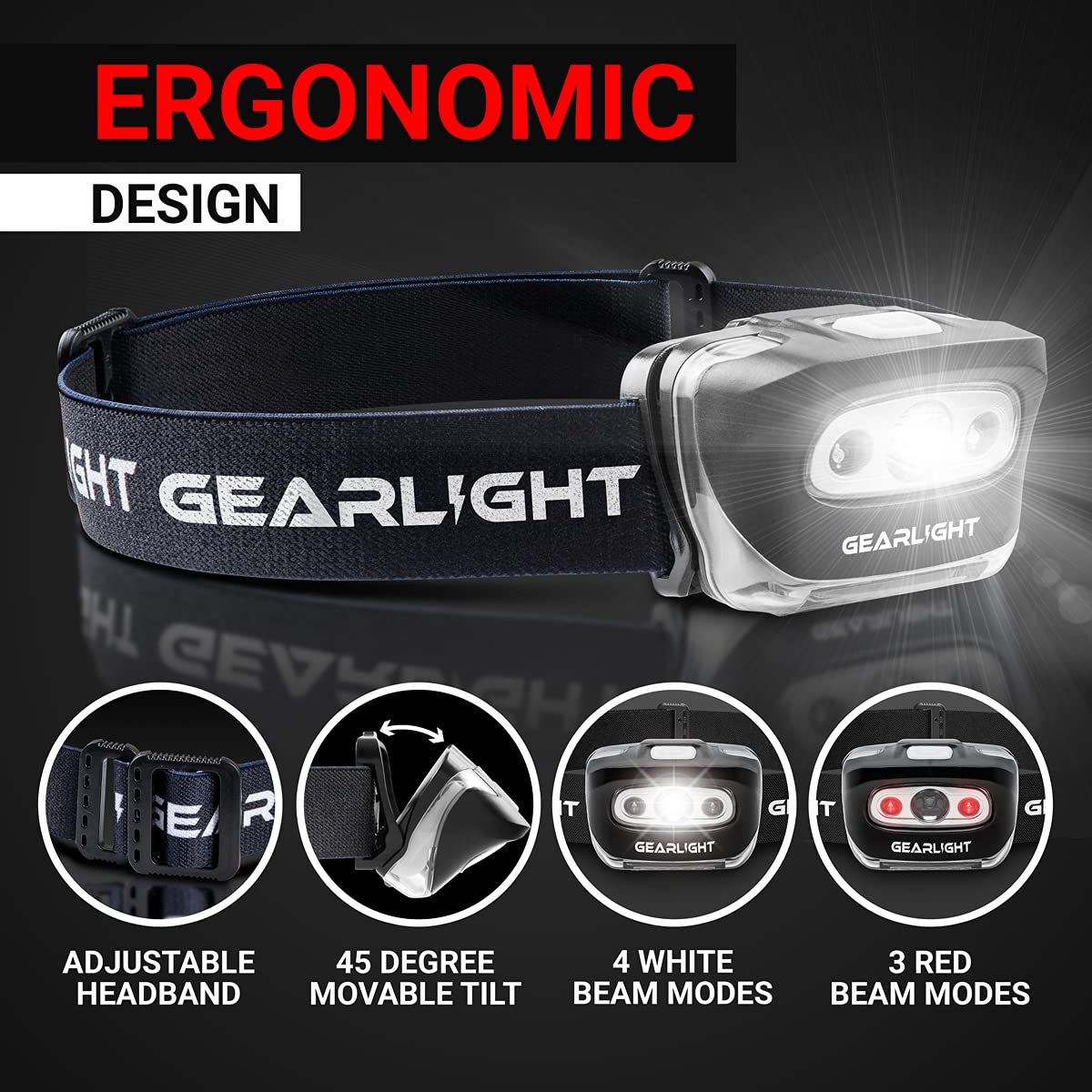 GearLight 2Pack LED Headlamp - Outdoor Camping Head Lamps with Adjustable Headband - Lightweight Battery Powered Bright Flashlight Headlight with 7 Modes and Pivotable Head and Red Light