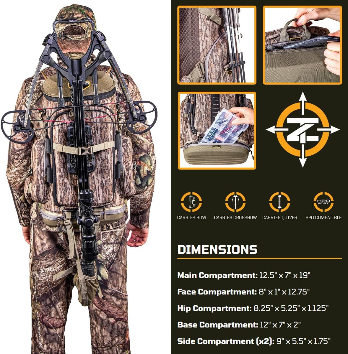 TENZING Hangtime Day Pack for Tree Stand Hunting, H2O Compatible EVA-Molded Durable Hunting Backpack with 7 Compartments & 15 Pockets, 1,600-cubic-inch Hunting Pack, Mossy Oak Bottomland
