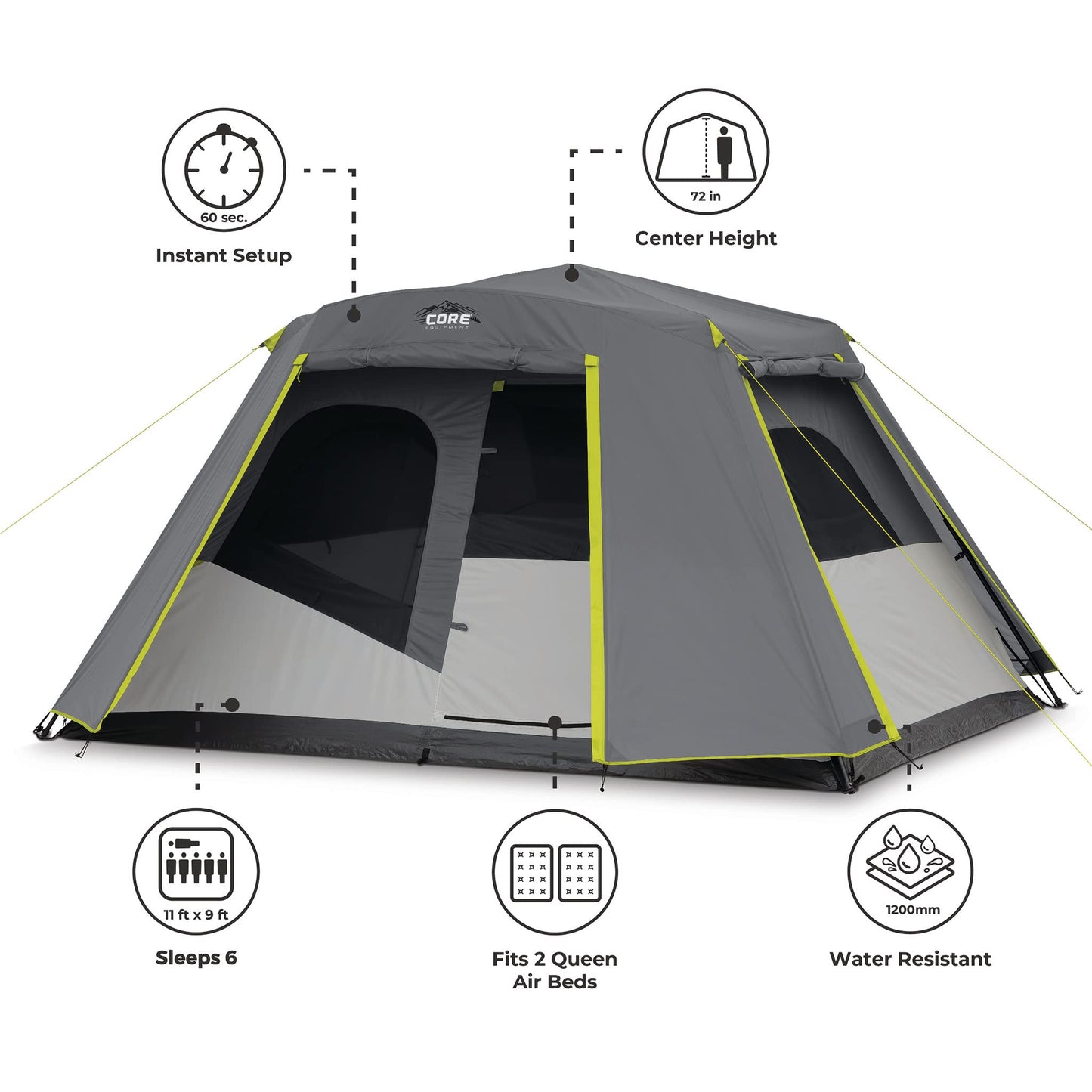 CORE Instant Cabin Tents | 6 Person / 9 Person / 10 Person / 12 Person Family Cabin Multi Room Pop Up Tents Car Camping | Included Storage Pockets for Camping Accessories