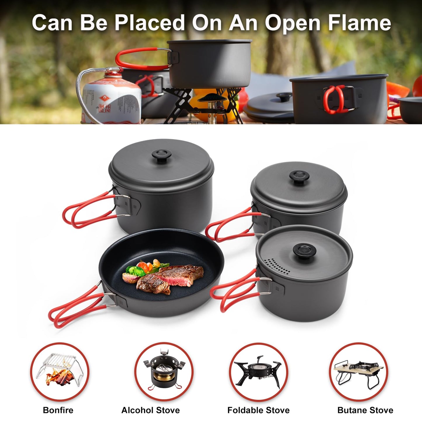 Alocs Camping Cookware Set Camping Gear, Compact Camping Pots and Pans Set, Durable Hard Alumina Camping Cooking Set for Outdoor Backpacking Camping Hiking Picnic, Included Mesh Carry Bag.
