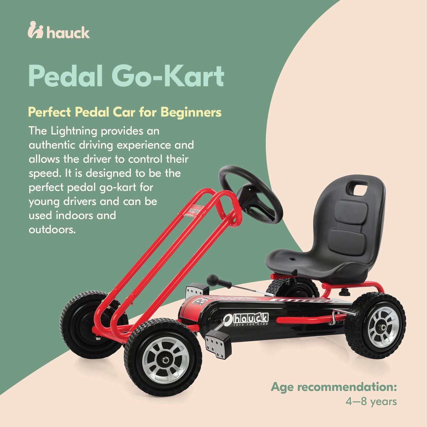 hauck Kids Pedal Go Kart, 4 Wheel Bike Cart, Ages 4-8, Lightning Ride, Race Green
