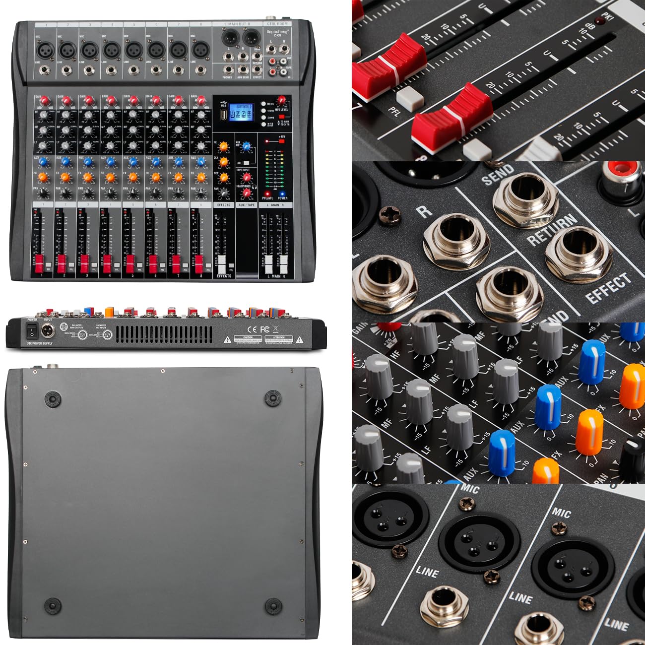 Depusheng DX8 Professional Mixer Sound Board Console 8 Channel Desk System Interface Digital USB MP3 Input 48V Phantom Power Stereo DJ Studio FX Steel Chassis,Black Bluetooth USB Audio Mixer for PC