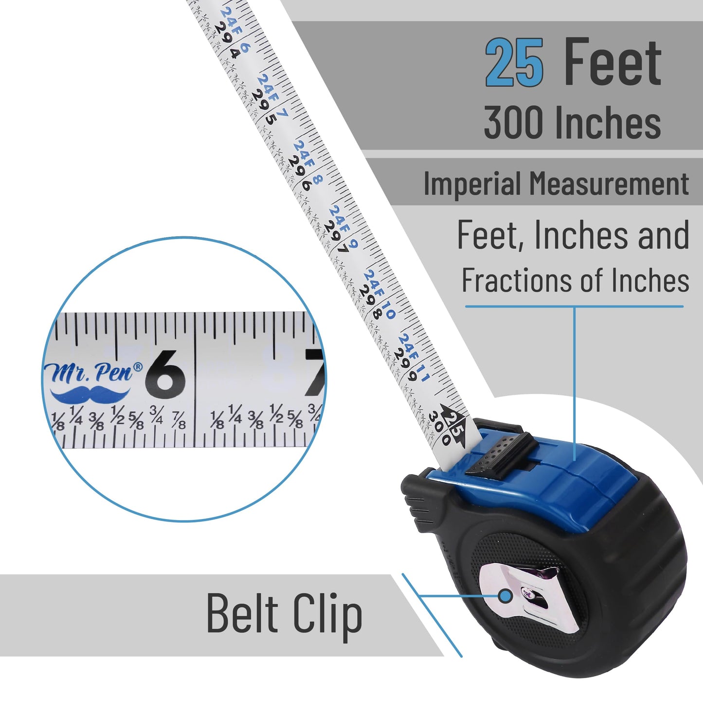 Mr. Pen 25-Foot Steel Retractable Tape Measure with Easy Read Fractions