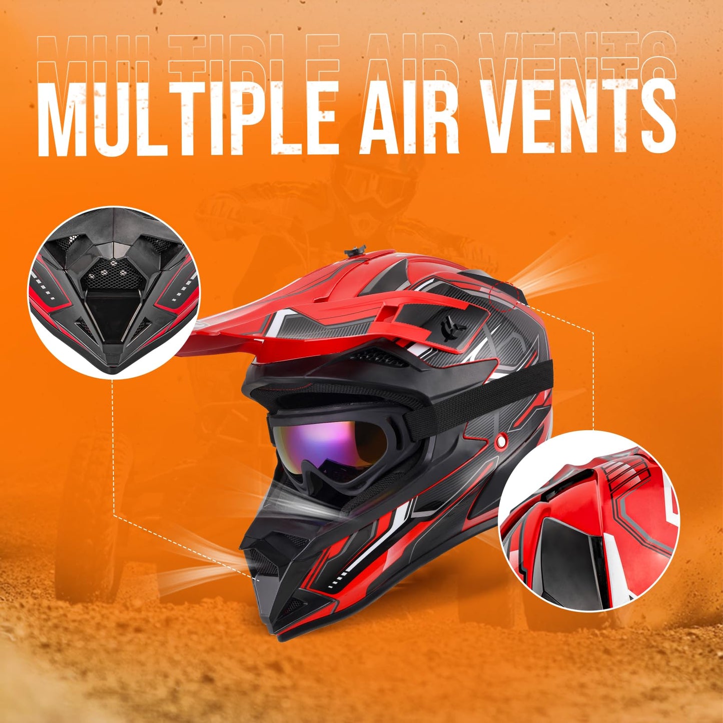 Adult Motocross Dirt Bike Helmet with Goggle, Gloves & Mask - DOT/FMVSS-218 Off-Road Motorcycle & ATV Helmet with Adjustable Sun Visor