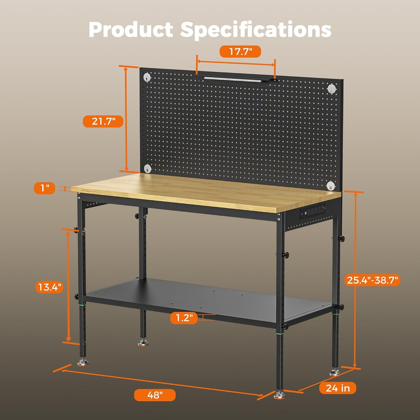 48" Heavy Duty Work Bench Adjustable Height Max Load 2000 LBS with Storage Shelf for Garage Workbench, Rubberwood Tabletop with Pegboard, LED Light, Built-in Power Strip for Woodworking Shop