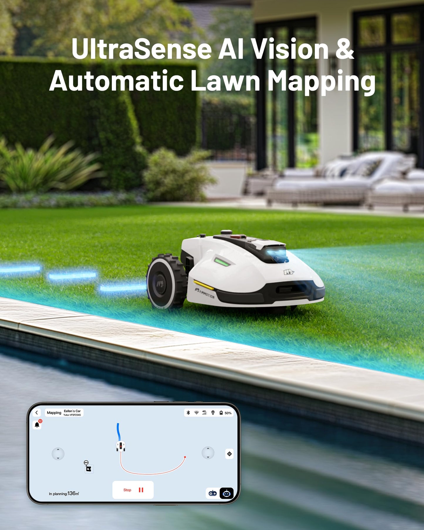 YUKA Mini 500H Robotic Lawn Mower Reception 0.12 Acre, Ultrasense AI Vision+ RTK Positioning, Auto Mapping, App Control, 50% Slope, Cutting Height 2''~3.5'', 15 Mowing Zones
