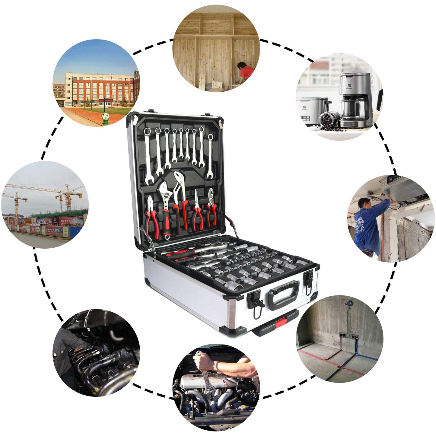 Arcwares 799pcs Aluminum Trolley Case Tool Set Silver, House Repair Kit Set, Household Hand Tool Set, with Tool Belt,Gift on Father's Day (Black)