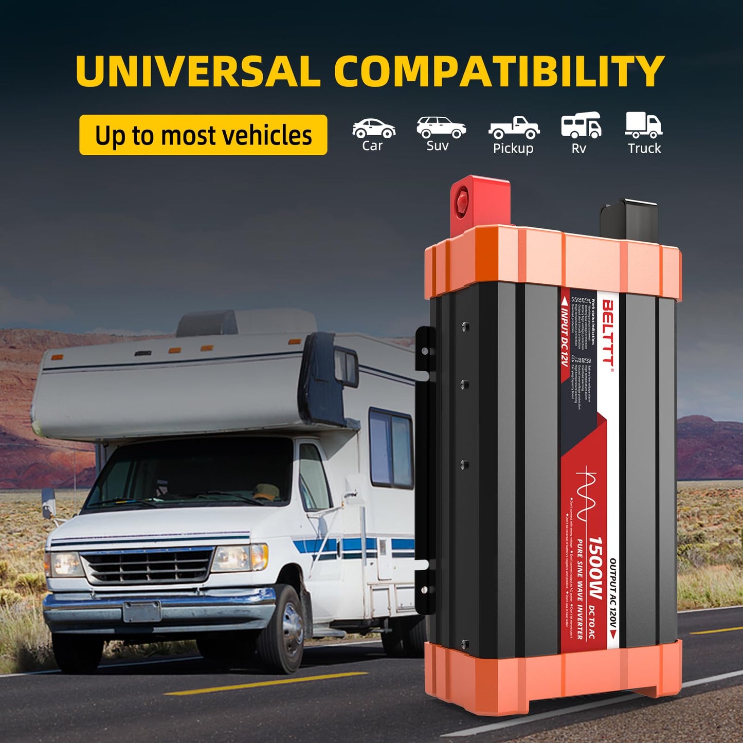 BELTTT 1000Watt Pure Sine Wave Inverter 12V DC to 120V AC for RV, Truck, Off-Grid Solar Car Power Inverter 12V to 110V Converter with Dual AC Socket and 5V 2.1A USB, Intelligent LCD, 2000W Peak