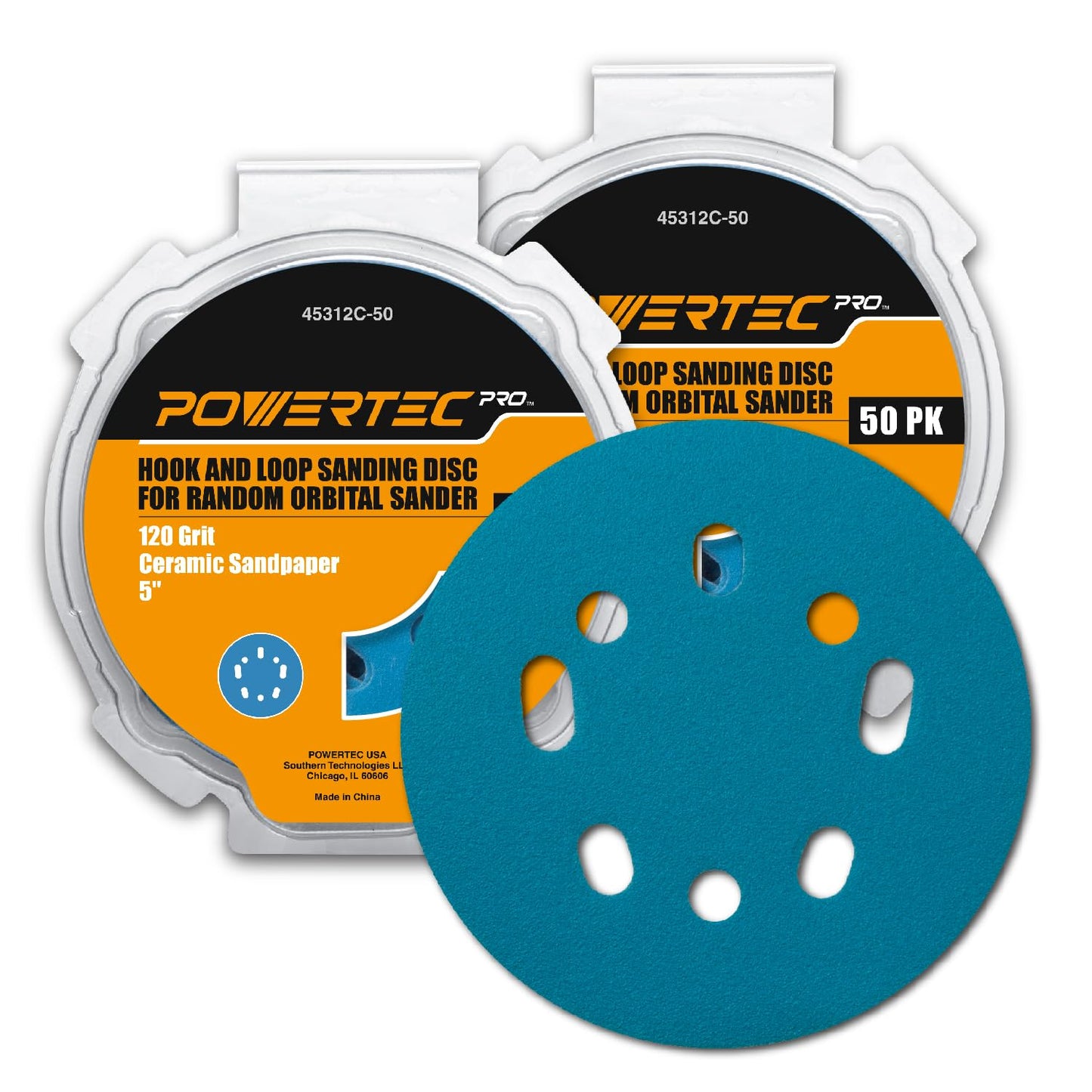 POWERTEC 50 PCS 220 Grit - 5 Inch 8 Hole Hook and Loop Sanding Discs, 5" Sanding Pads for Automotive, Drywall, Woodworking with Orbital Sander, Air, and DA Sander (44022G-50)