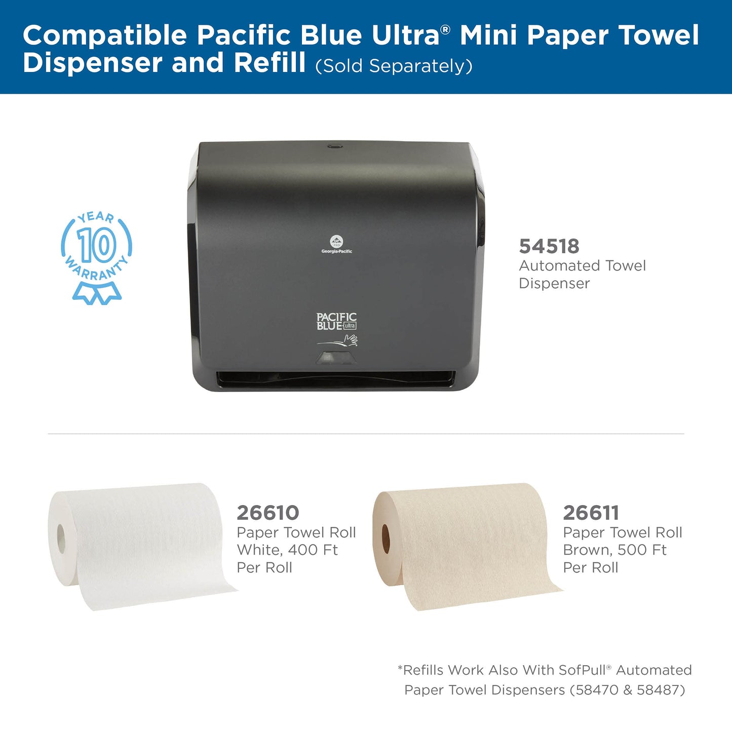 Pacific Blue Ultra 8” High-Capacity Recycled Paper Towel Roll by GP PRO (Georgia-Pacific), White, 26490, 1150 Feet Per Roll, 6 Rolls Per Case