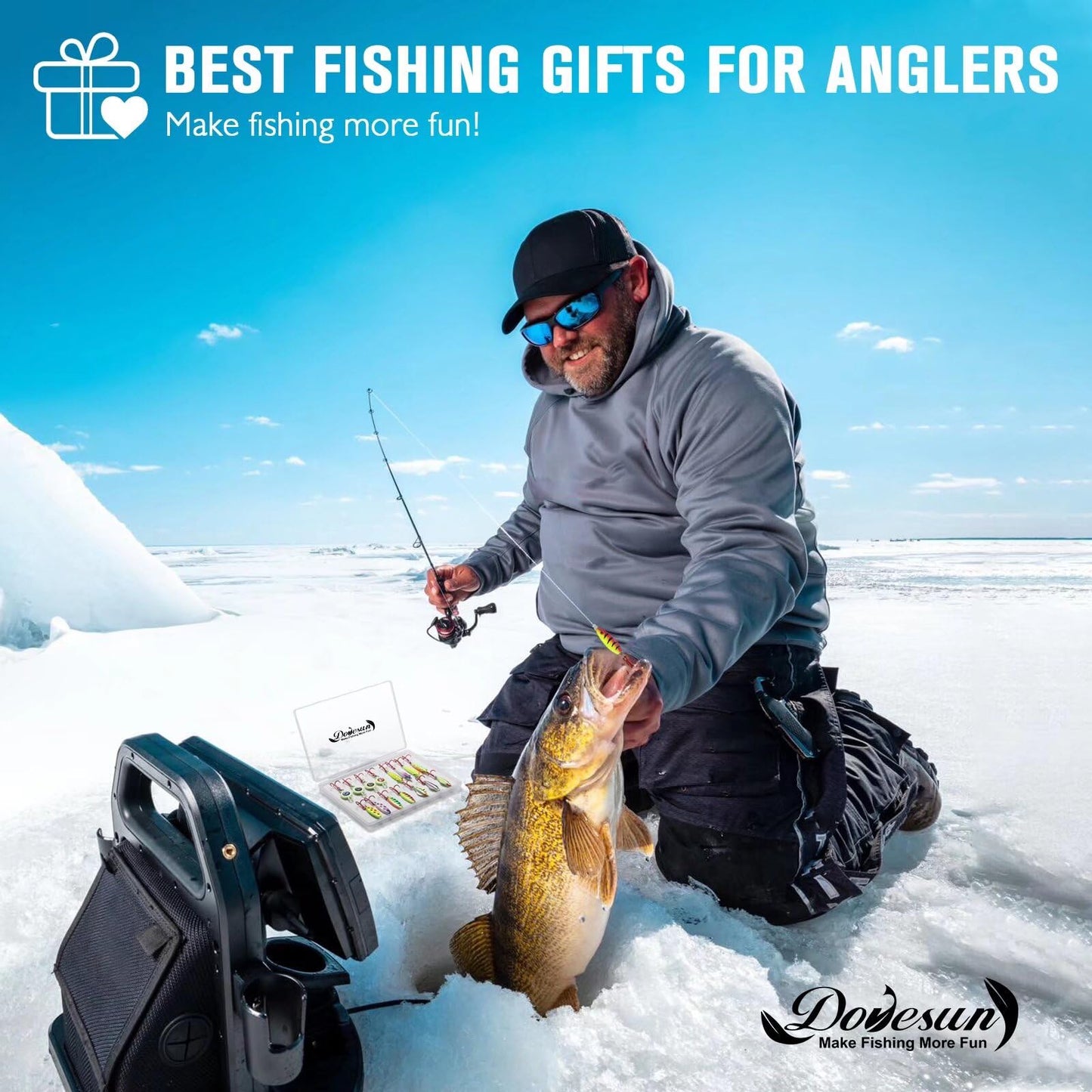 Dovesun Ice Fishing Jigs Ice Fishing Lures Kit Rattling Glow Ice Fishing Spoons for Bass Crappie Panfish Mens Fishing Gifts 15PCS/4PCS/3PCS