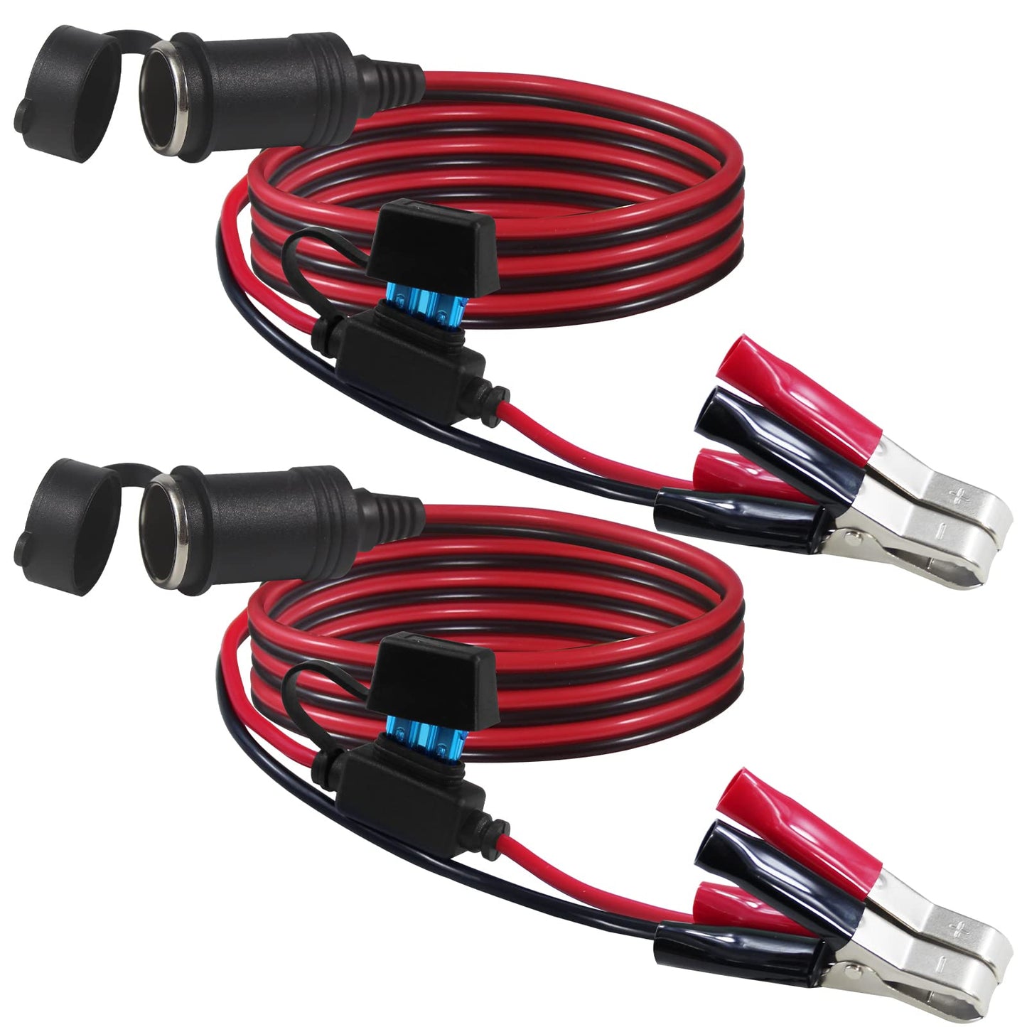 SPARKING 12FT 12V Female Car Socket Extension Cord with Battery Alligator Clips Car Battery Clip-on Extension Cable, 15A Fuse (12FT)