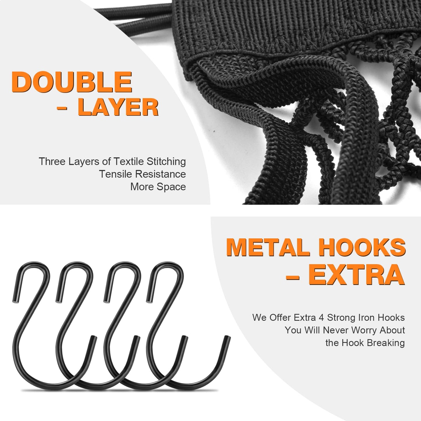Upgrade Cargo Net for Motorcycle Helmet Storage, 10"X11" High-Elastic Double Layer Bungee Net with 4 Strong Hooks, Luggage Strap Rack Expansion Organizer Net Pocket for Motorbike Trike Cycle