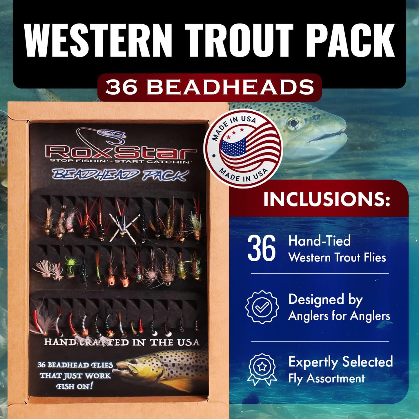RoxStar Fly Fishing Shop | Proudly Hand Tied in The USA | Western Trout Fly Assortment | Top 24 Producing Trout Flies for The West | Gift Box Included | (24 Pack)