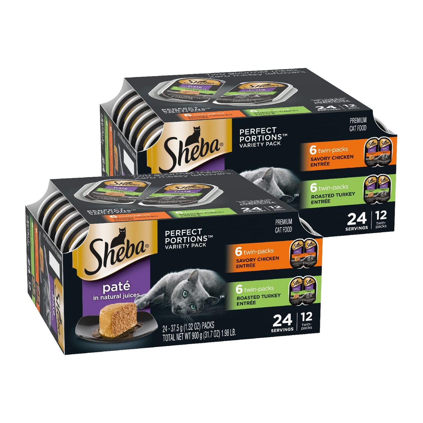 Sheba Perfect Portions Wet Cat Food Pate with Sustainable Salmon, Signature Seafood Entree, and Tender Whitefish and Tuna Entree Variety Pack, 2.6 oz. Twin Pack Trays (24 Count, 48 Servings)