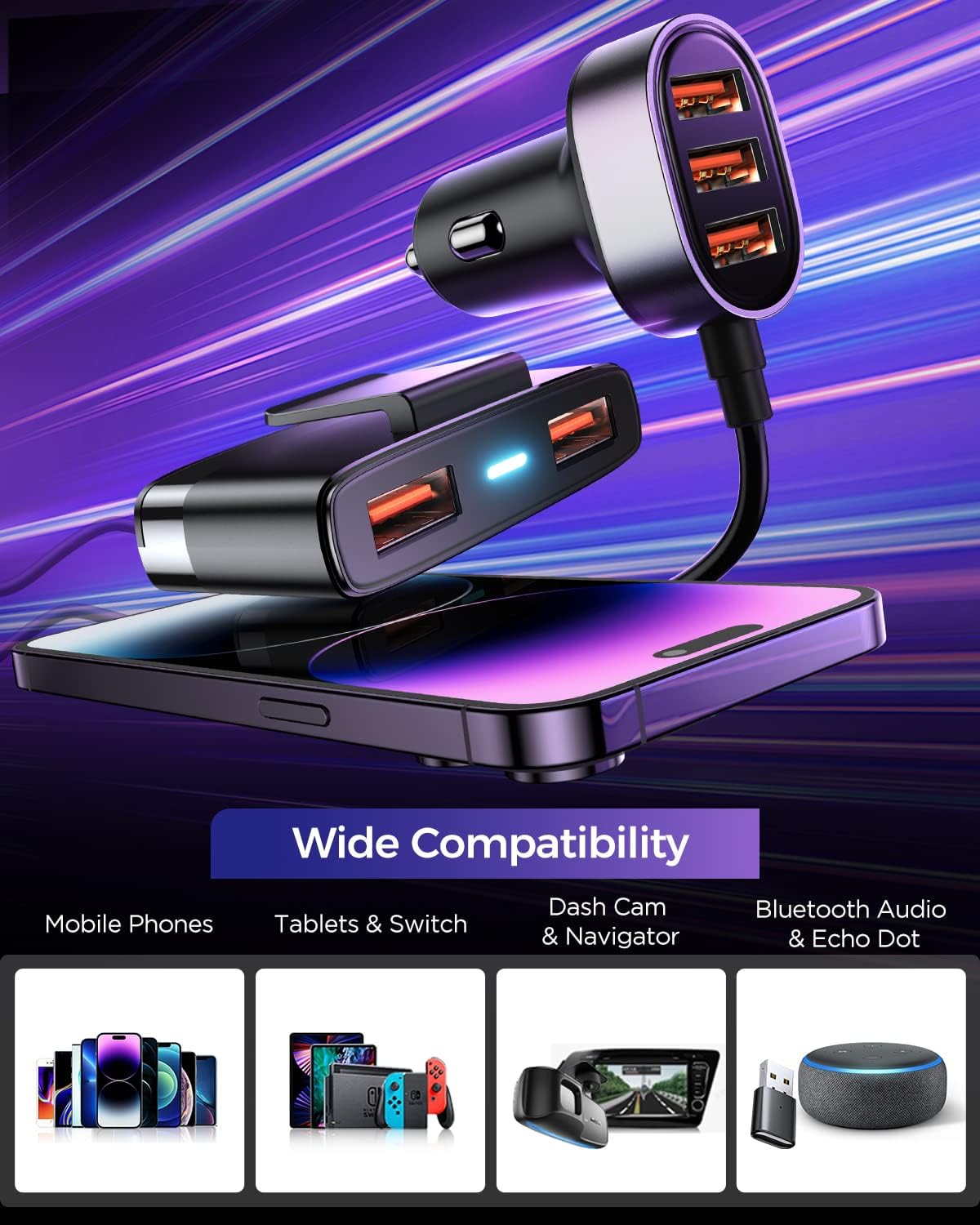 5-in-1 USB Car Charger Multi Port, 12V Phone Adapter for Multiple Devices, Cigarette Lighter With 5FT Extension Cable for Back Seat Charging