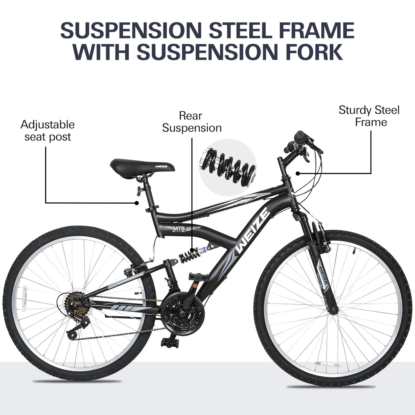 WEIZE Mountain Bike, 26 27.5 inch Outdoor Hybrid Bike,18-Speed/High-Carbon Steel/Dual Full Suspension, Adjustable Ergonomic Seat for Men Women Adult, MTB Bicycle with Suspension Fork,Sleek Colors