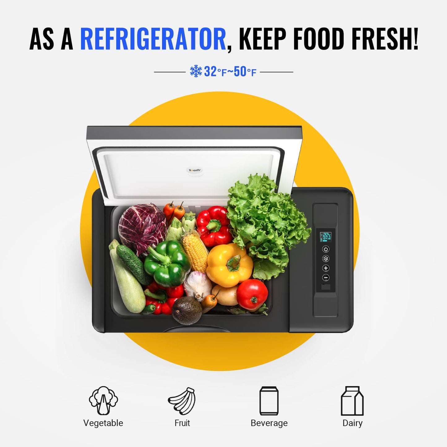 BougeRV 12 Volt Refrigerator 12V Car Fridge 23 Quart Portable Freezer Compressor Cooler 12/24V DC 110~240 Volt AC for Truck Van RV Camper SUV Travel Camping Road Trips Tailgating -7℉~50℉