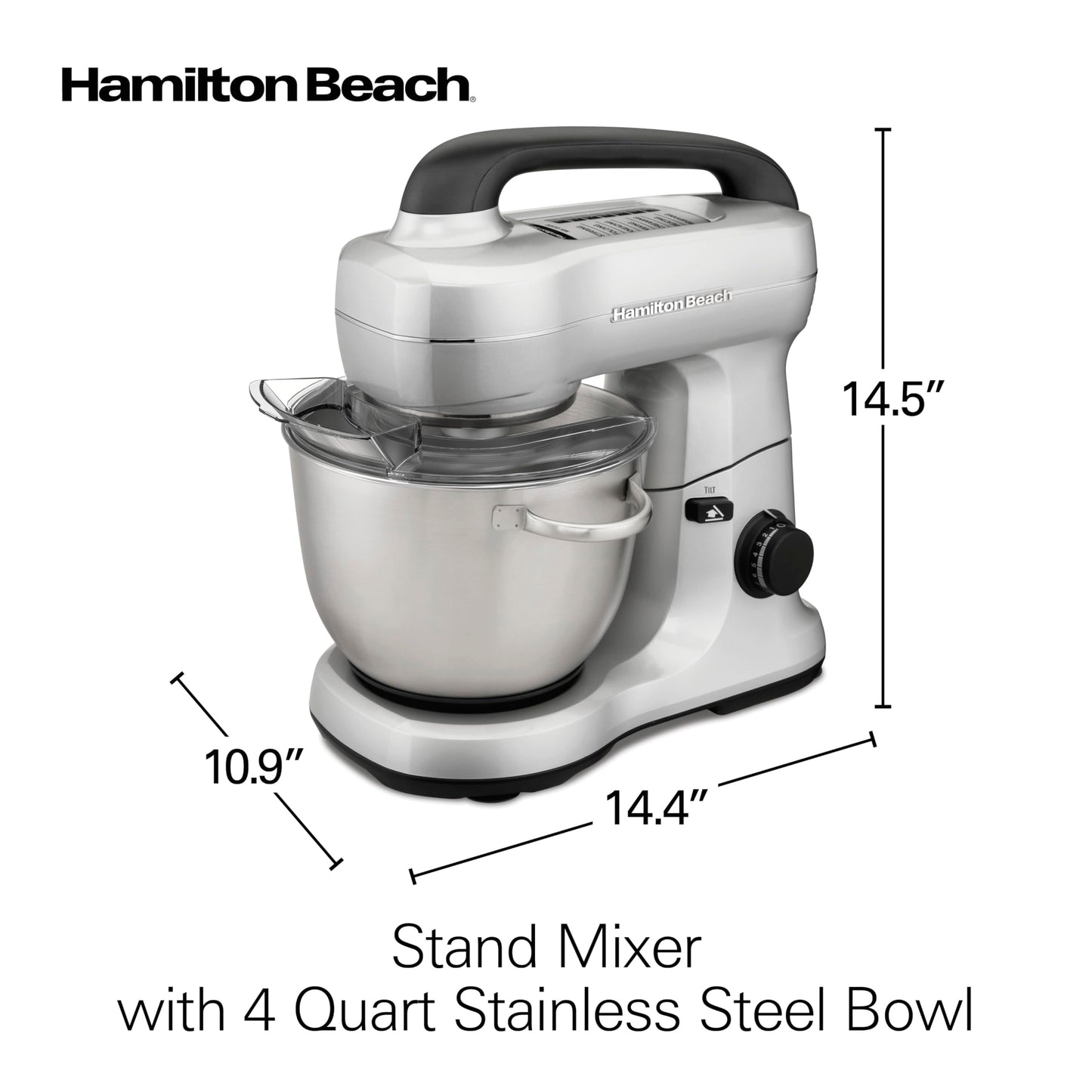 Hamilton Beach Electric Stand Mixer, 4 Quarts, Dough Hook, Flat Beater Attachments, Splash Guard, 7 Speeds with Whisk, Easy-Carry Top Handle, Blue