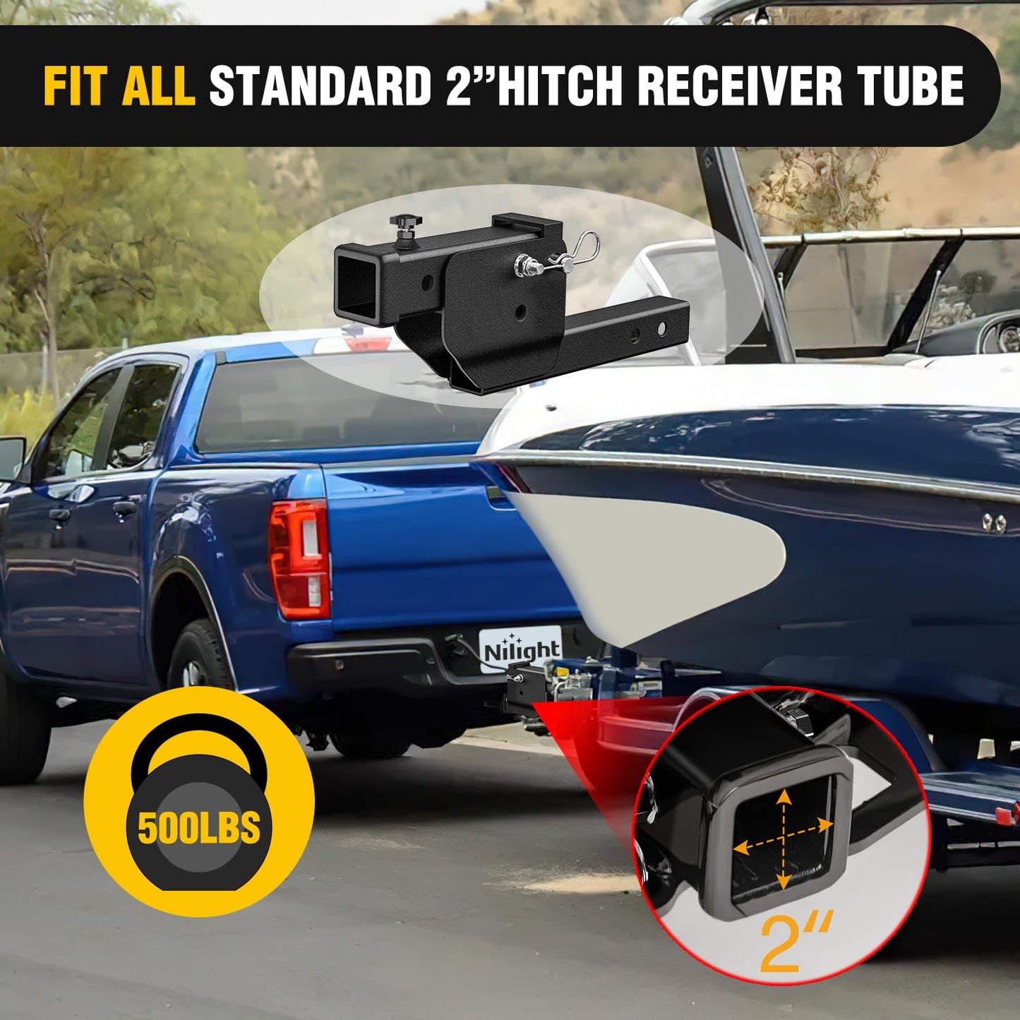Nilight Trailer Hitch Receiver Extender Adapter Reducer 1-1/4 to 2Inch Hitch Adapter 6-1/2 inch Extension Sleeve Convertor 350Lbs with 1/2-Inch Diameter Pin and Clip with 5/8-Inch Adapter