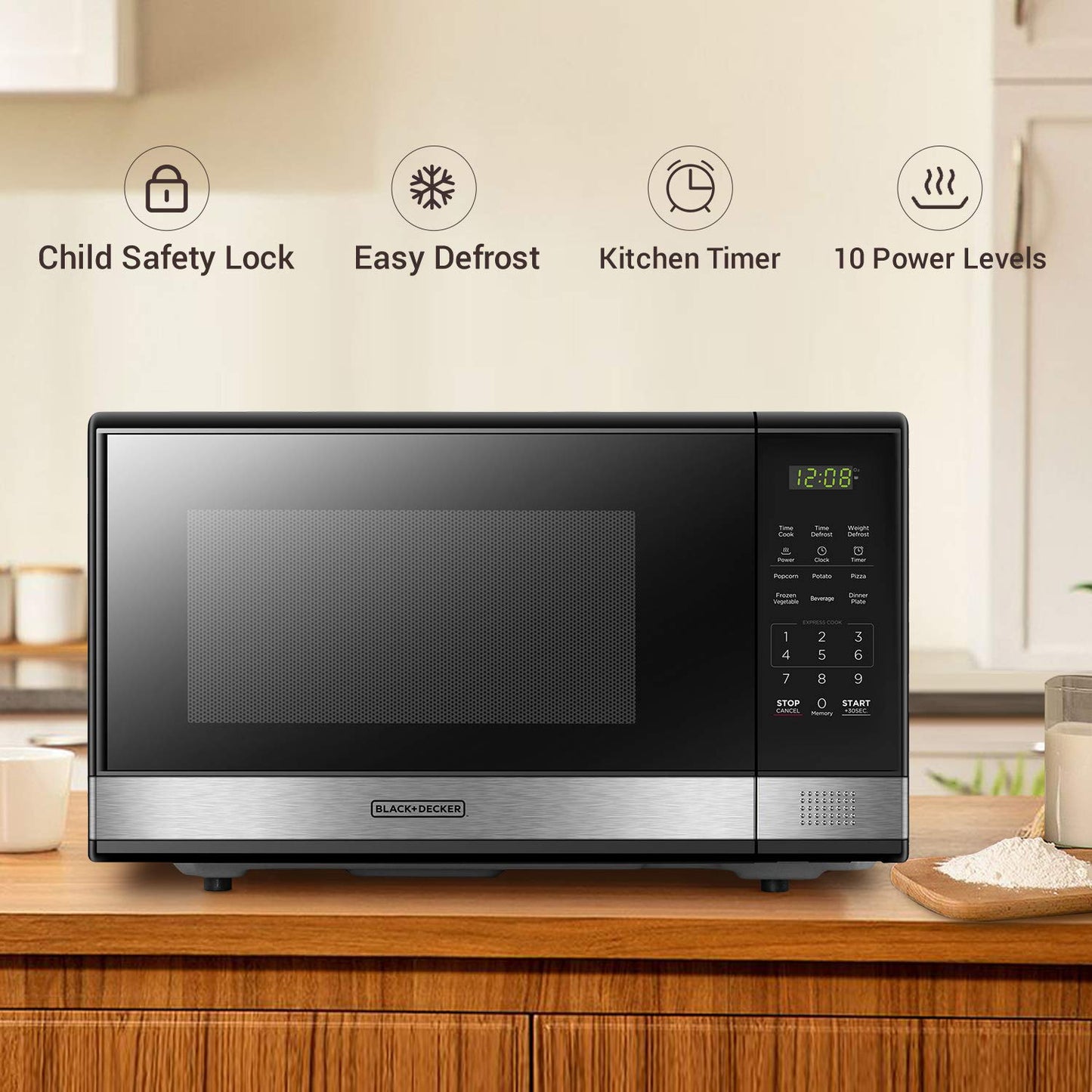 BLACK+DECKER EM720CB7 Digital Microwave Oven with Turntable Push-Button Door, Child Safety Lock, 700W, Stainless Steel, 0.7 Cu.ft