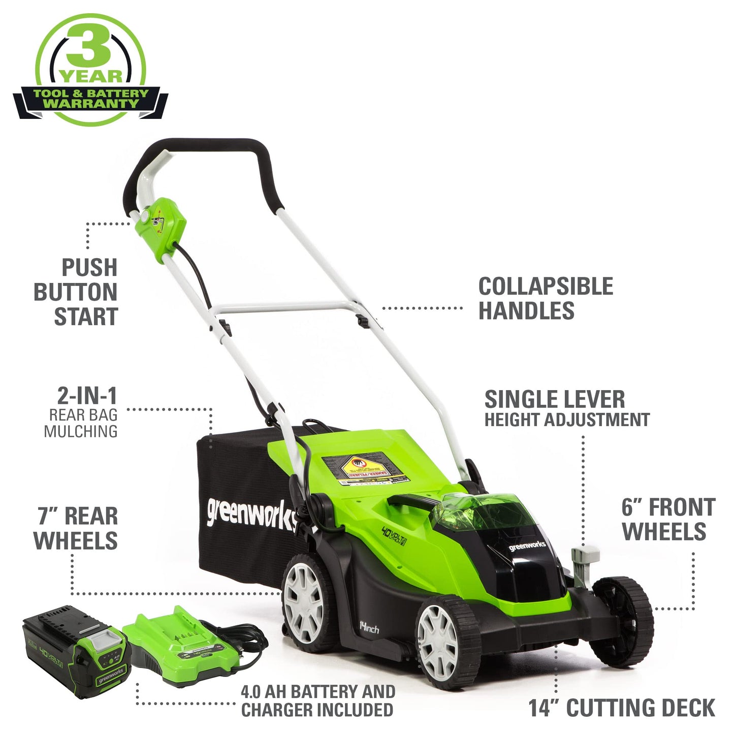 Greenworks 40V 14” Brushless (Push) Cordless Lawn Mower, 4.0Ah Battery and Charger