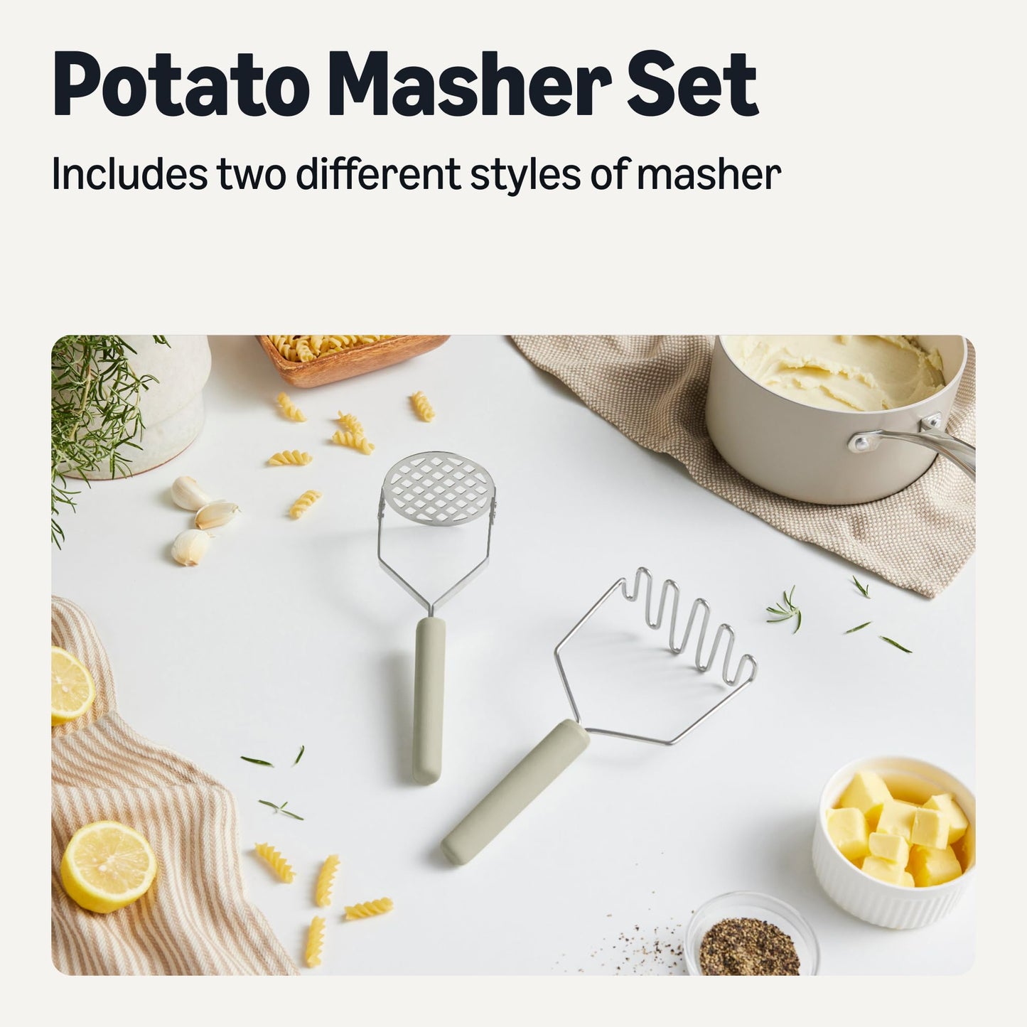Amazon Basics Potato Mashers, 2-Piece Set, Stainless Steel, Soft Grip Handle, Dishwasher-Safe, Linen Gray