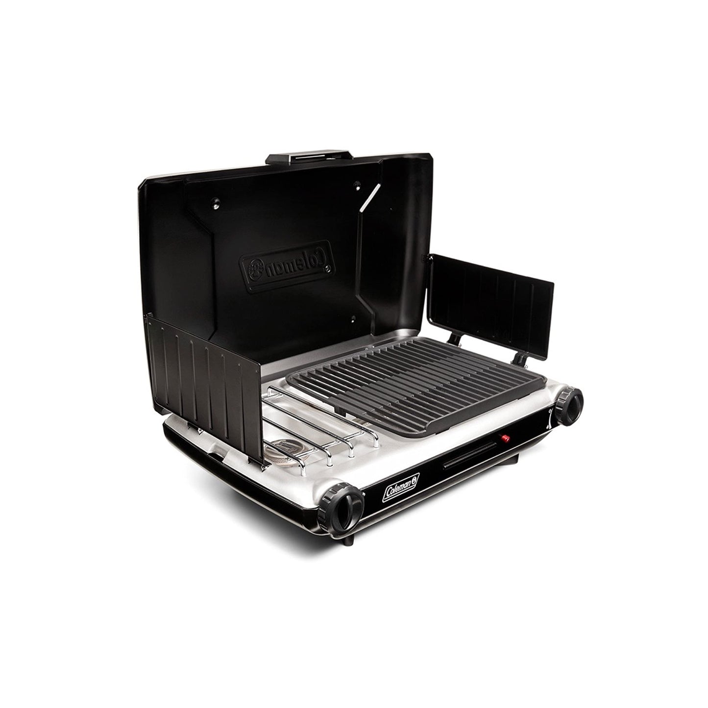 Coleman Tabletop 2-in-1 Grill & Stove with 2 Adjustable Burners, Propane Grill/Stove with Push-Button Starter, Wind Guards, Grease Tray, & 20,000 BTUs of Power for Camping, Tailgating, & More