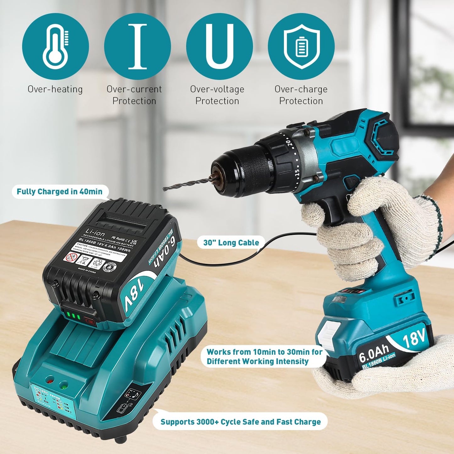 Upgraded 6.0Ah Replcement for Makita 18V Battery 2Pack with Charger Compatible with Makita 18 Volt Power Tools Black