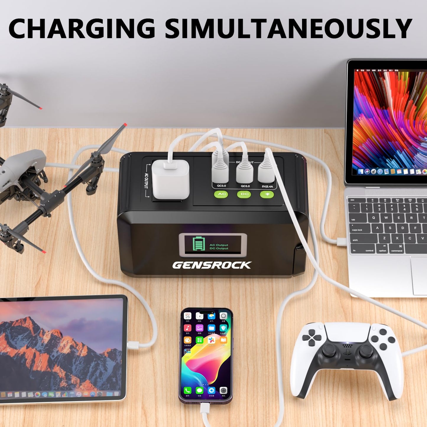 GENSROCK Portable Power Station, 110V/300W Pure Sine Wave Solar Generator, 222Wh Backup Lithium Battery With AC Outlet/QC 3.0/Type-C/LED Light for CPAP Family Emergency Outdoor Camping RV Travel.