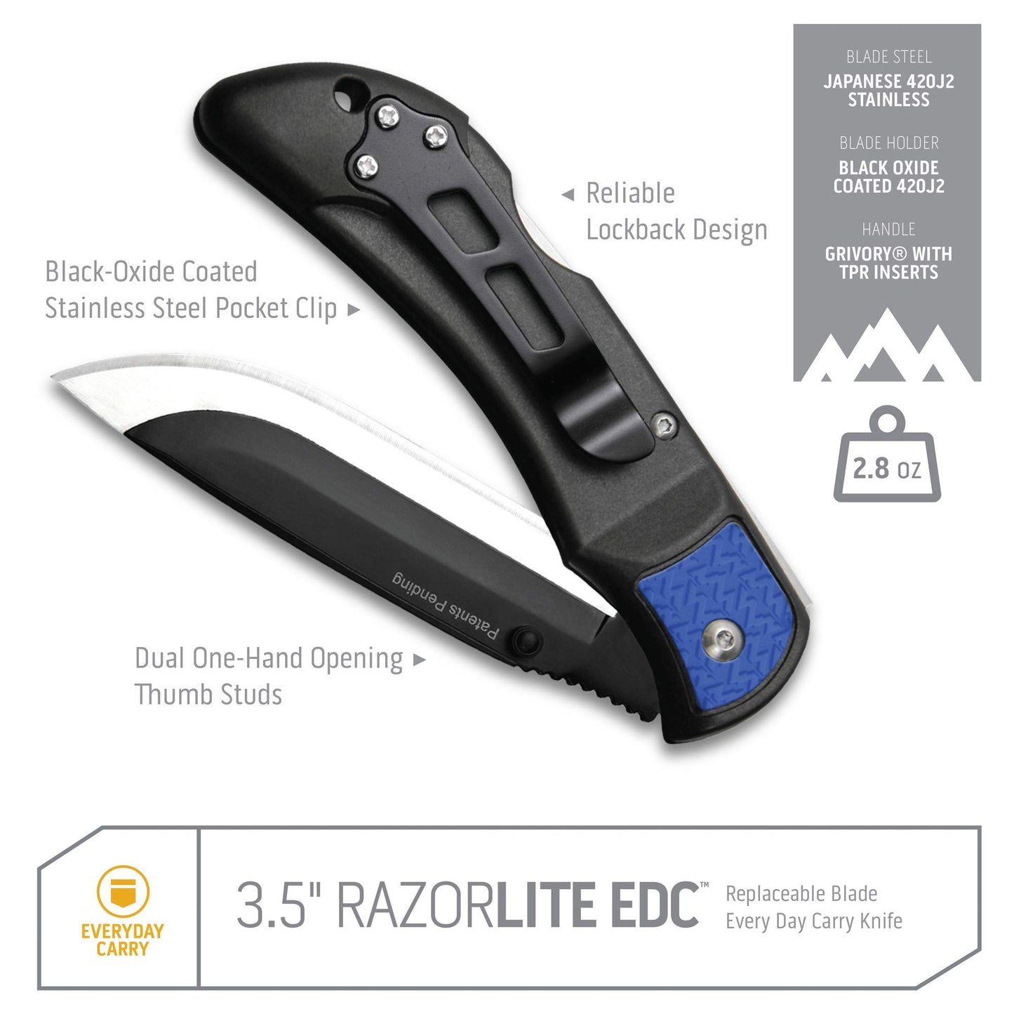 OUTDOOR EDGE 3.5" RazorLite EDC Knife. Pocket Knife with Replaceable Blades and Clip. Perfect For Hunting and Skinning Deer. Gray with 6 Blades