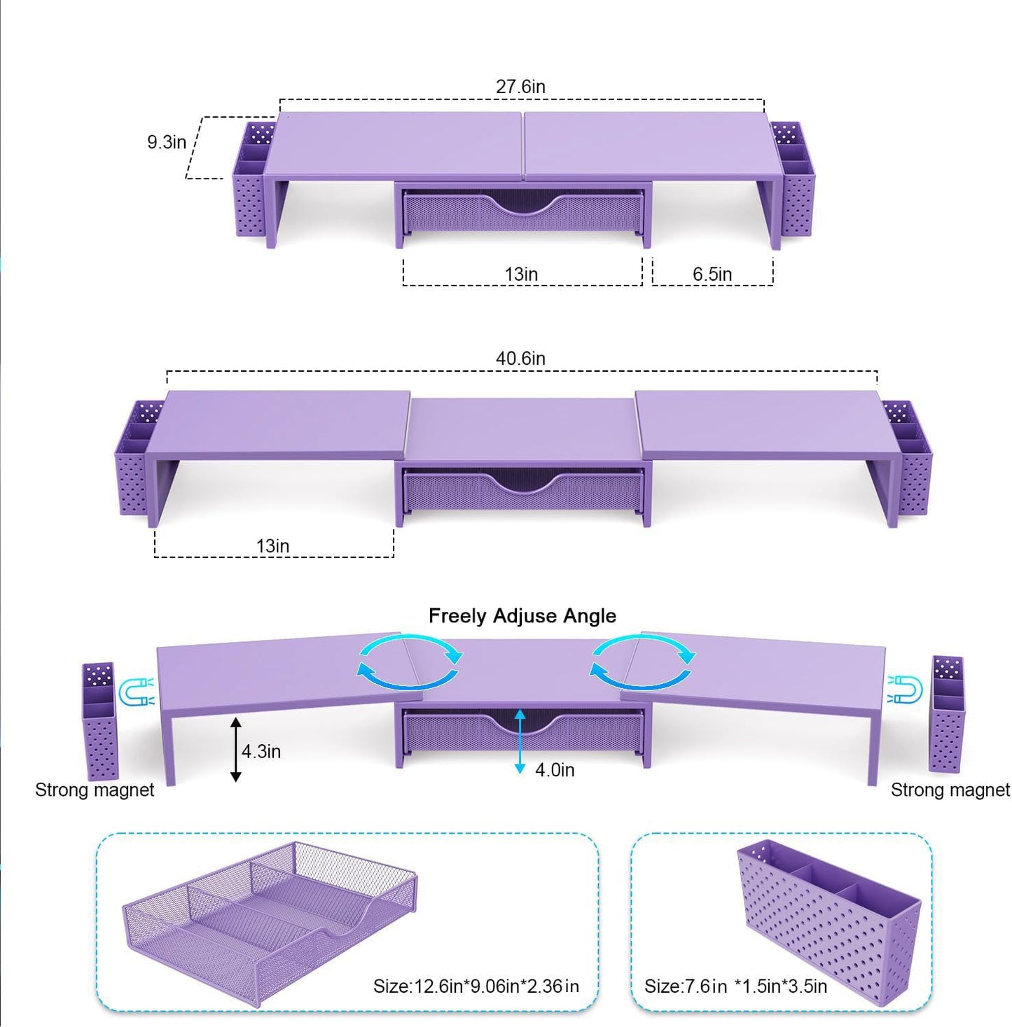 gianotter Dual Monitor Stand Riser, Desk Organizer With Drawer and 2 Pen Holders, Desk Organizers and Accessories, Purple Office Decor (Purple)